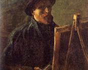 文森特威廉梵高 - 画架前戴深色毛毡帽的自画像